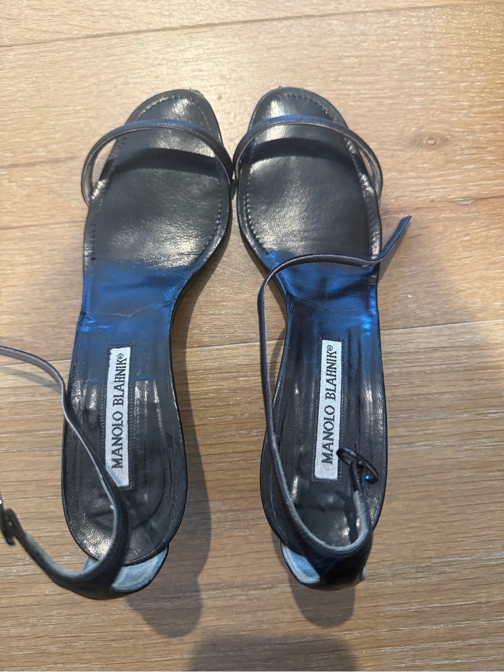 Manolo Blahnik Black Leather Minimal Ankle-Strap Sandals